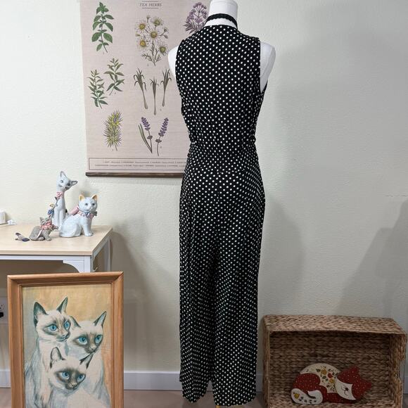 Vtg Black White Polka Dot Wide Leg Jumpsuit Mod Retro Rockabilly Gothabilly XS - Picture 2 of 6